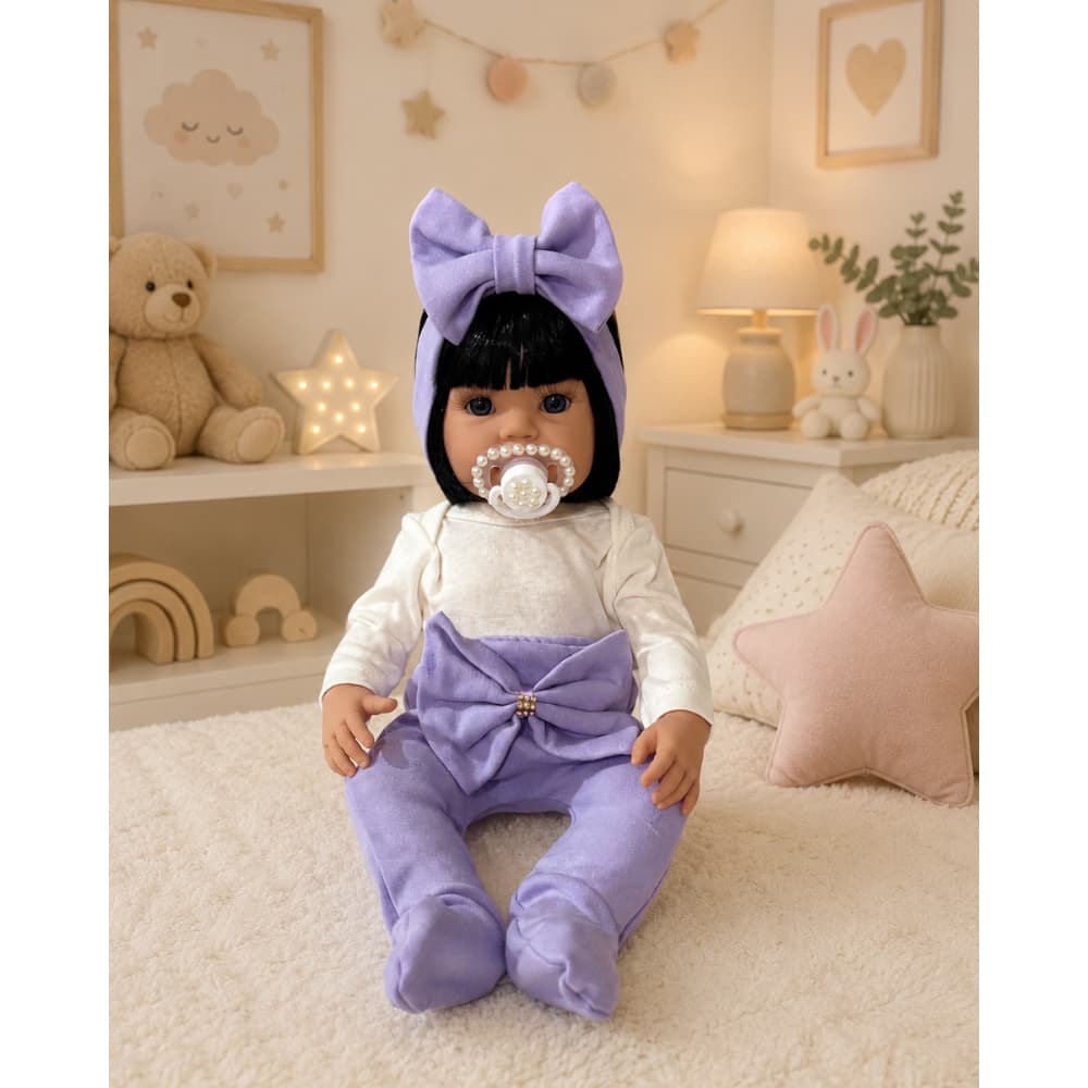 Bebê Reborn Realista Menina Roupa Lilás Siliconada com Acessórios Para Presente