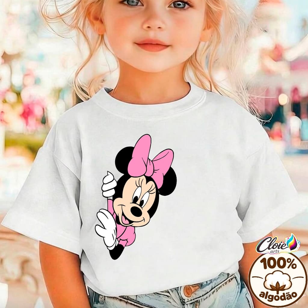 Camiseta Infantil 100% Algodão Personagem Feminina Vibrante Laço Charmosa look Resistente Blusa Estampa Uso Diário Macio
