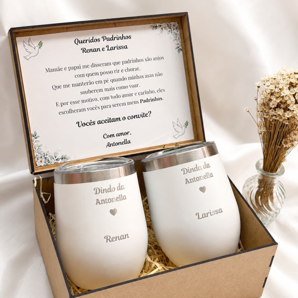 Kit Convite para Padrinhos com Copos Térmicos e Caixa MDF