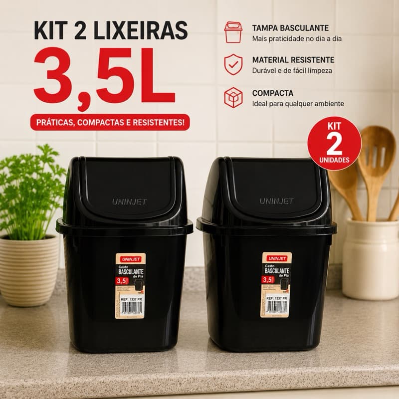 Kit 2 Lixeiras Basculantes 3,5L Para Pia Cozinha Banheiro Compacta  Multiuso Resistente