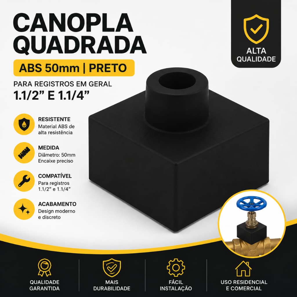 Canopla Quadrada Abs Preto 50mm  Para Registros em Geral 1.1/2 e 1.1/4