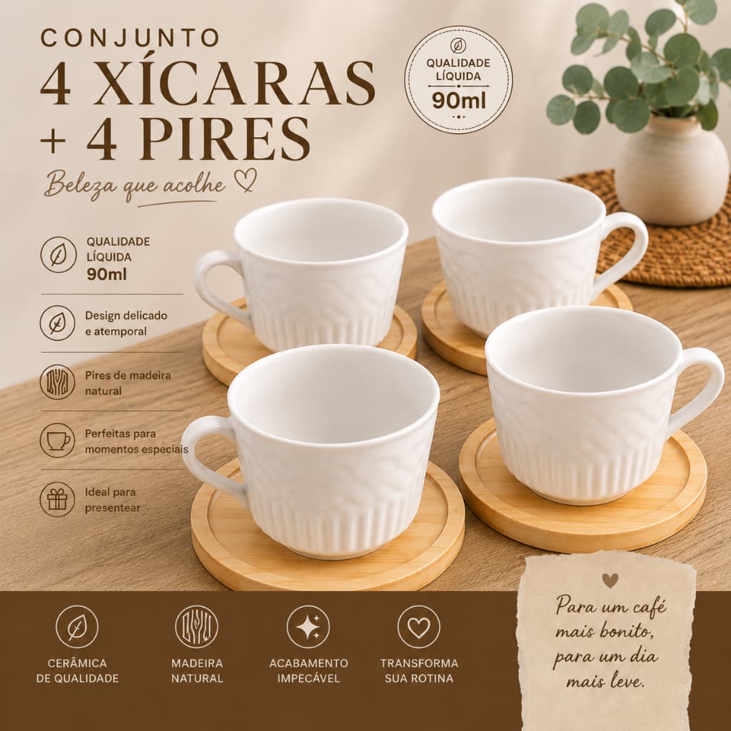 Kit 4 xicaras porcelana cafezinho com pires madeira linda premium servir mesa qualidade rápido envio