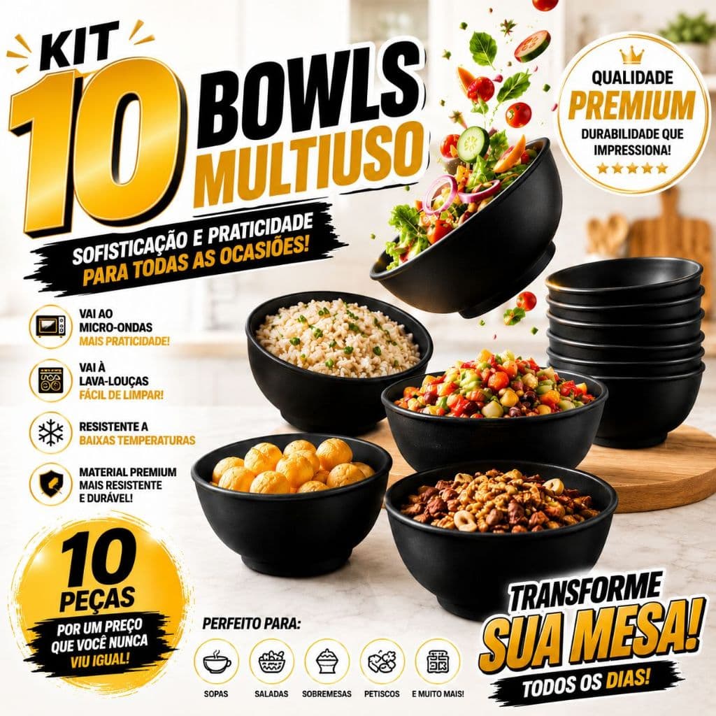 Kit 10 Bowls Multiuso Preto Premium BPA Free Resistente Microondas Lava Louças