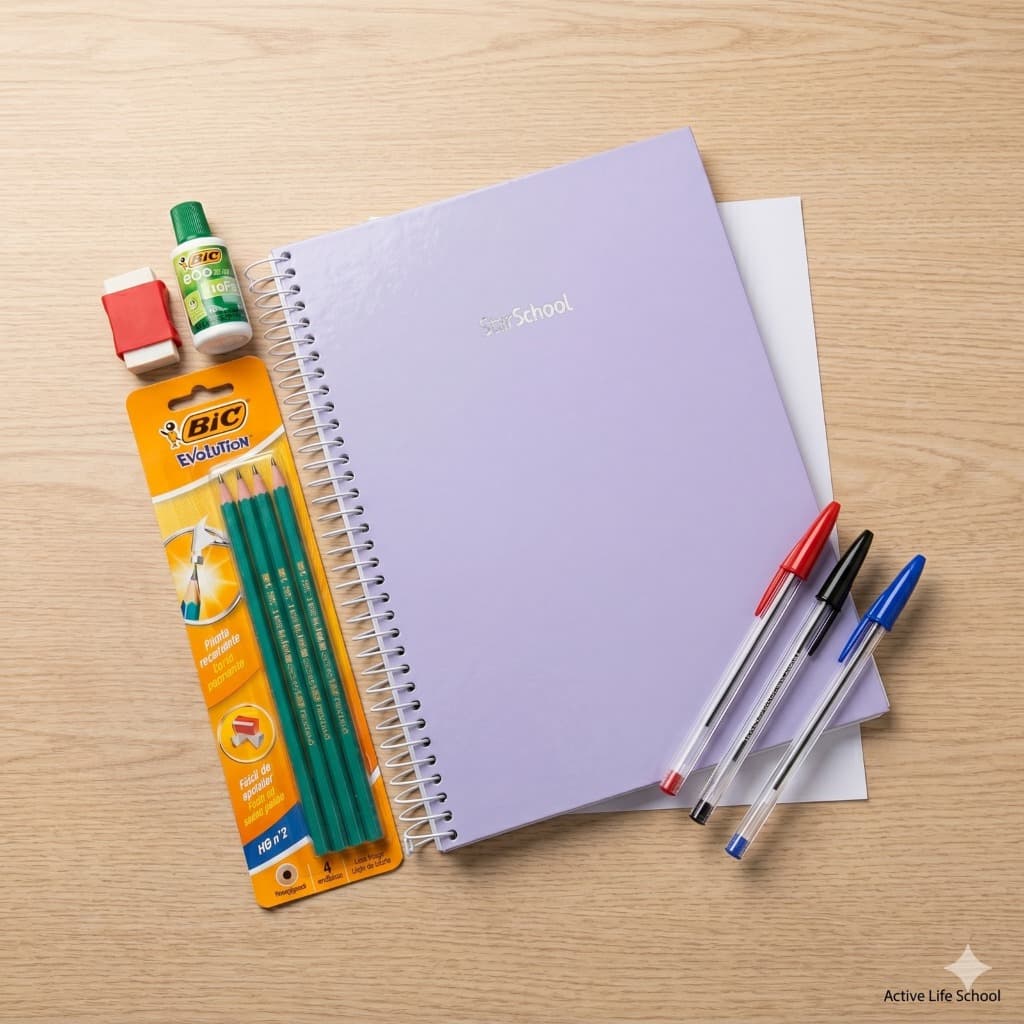 KIT Material Escolar Completo - Caderno 10 Matérias Lilás Lápis Bic Canetas Corretivo Borracha Faber