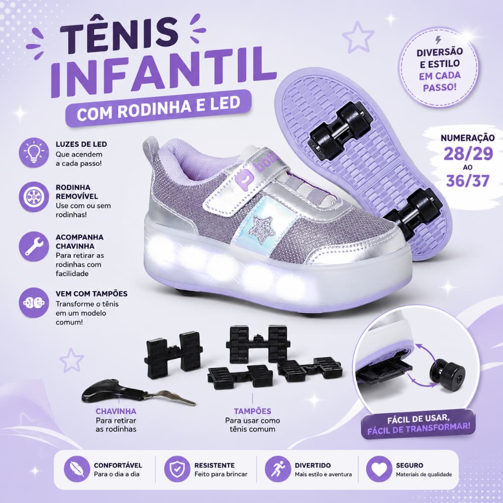 Tênis Infantil Menina Com Rodinha Removível Led Luz Divertido Prata Divertido Tênis Patins