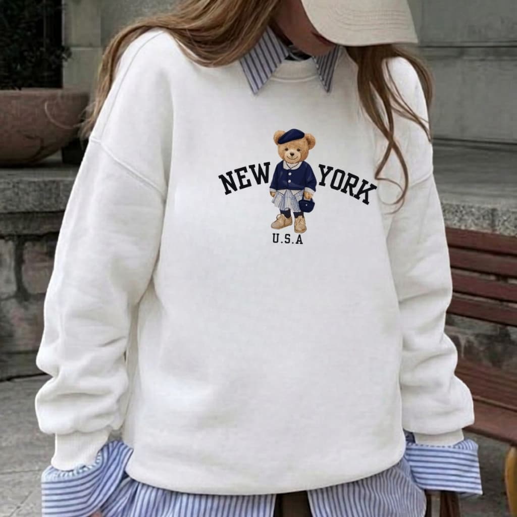 Blusa de Frio Moletom de frio Moletom Feminino Casaco de Inverno casaco de frio Moletom branco blus茫o New York ursinho