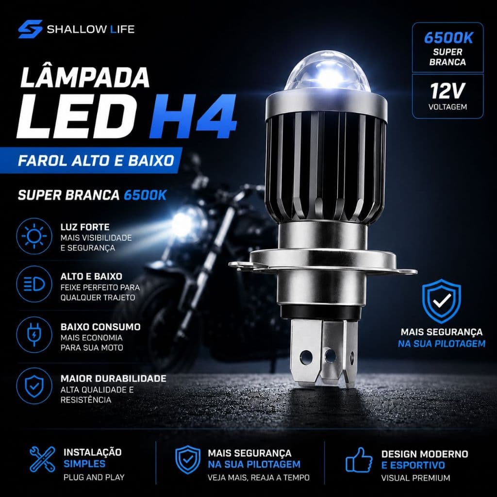 Lâmpada LED H4 Moto Farol Alto Baixo Super Branca 6500K 12V