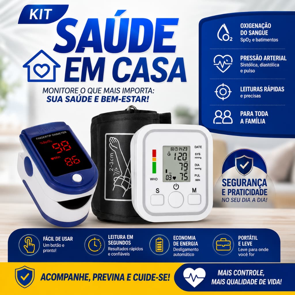 Kit Saúde em Casa Oxímetro Digital + Medidor de Pressão Arterial de Braço