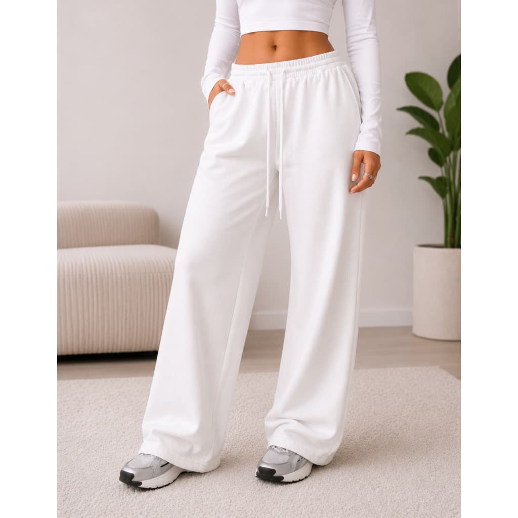 Calça Moletom Feminina Wide Leg Flanelada Com Bolso Cós Elástico Casual Academia Moda Premium