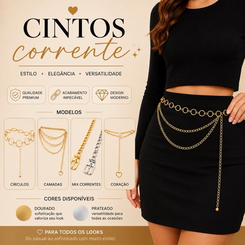 Cinto de corrente feminino, estilo blogueiro 36 ao 52 Plus siez