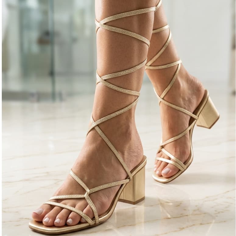 Sandália Amarração Salto Alto Quadrado Feminino Moda Feminina Confortável