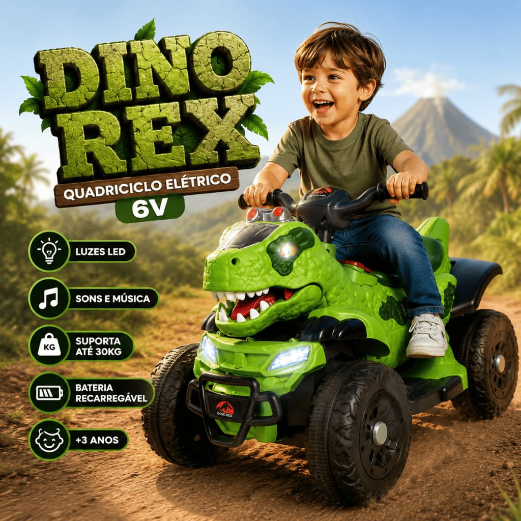 Quadriciclo Elétrico Infantil Dinossauro Rex 6V com Luzes LED e Sons