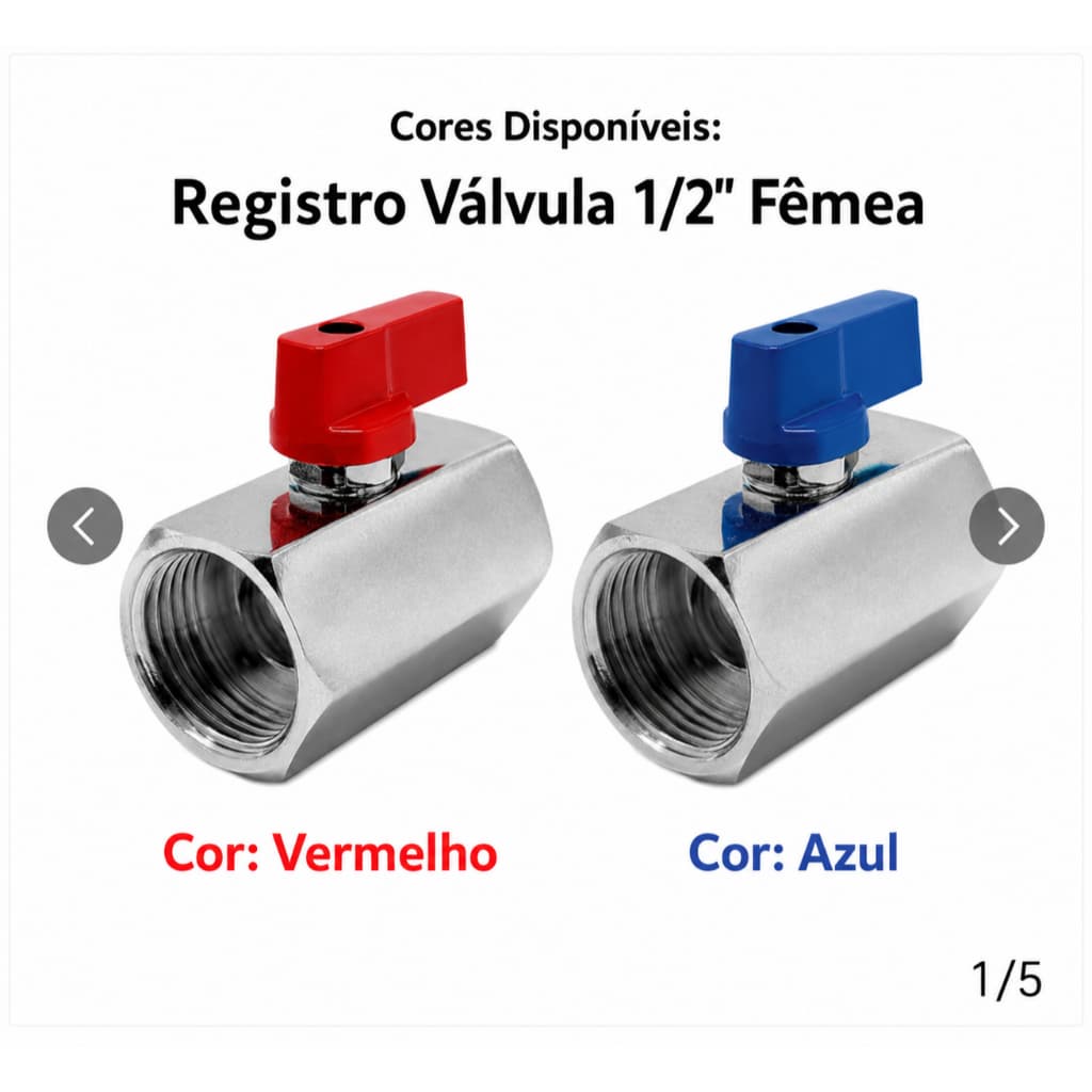 Registro Válvula Esfera 1/2" Fêmea em Latão Cromado | Mini Registro Rosca Interna | Vermelho ou Azul