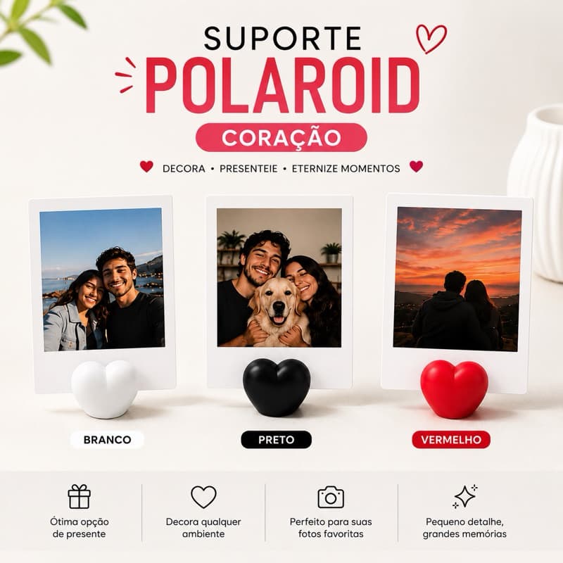 Suporte Porta Retrato Polaroid Coração ❤️ | Lembrancinha Criativa Decorativa para Fotos