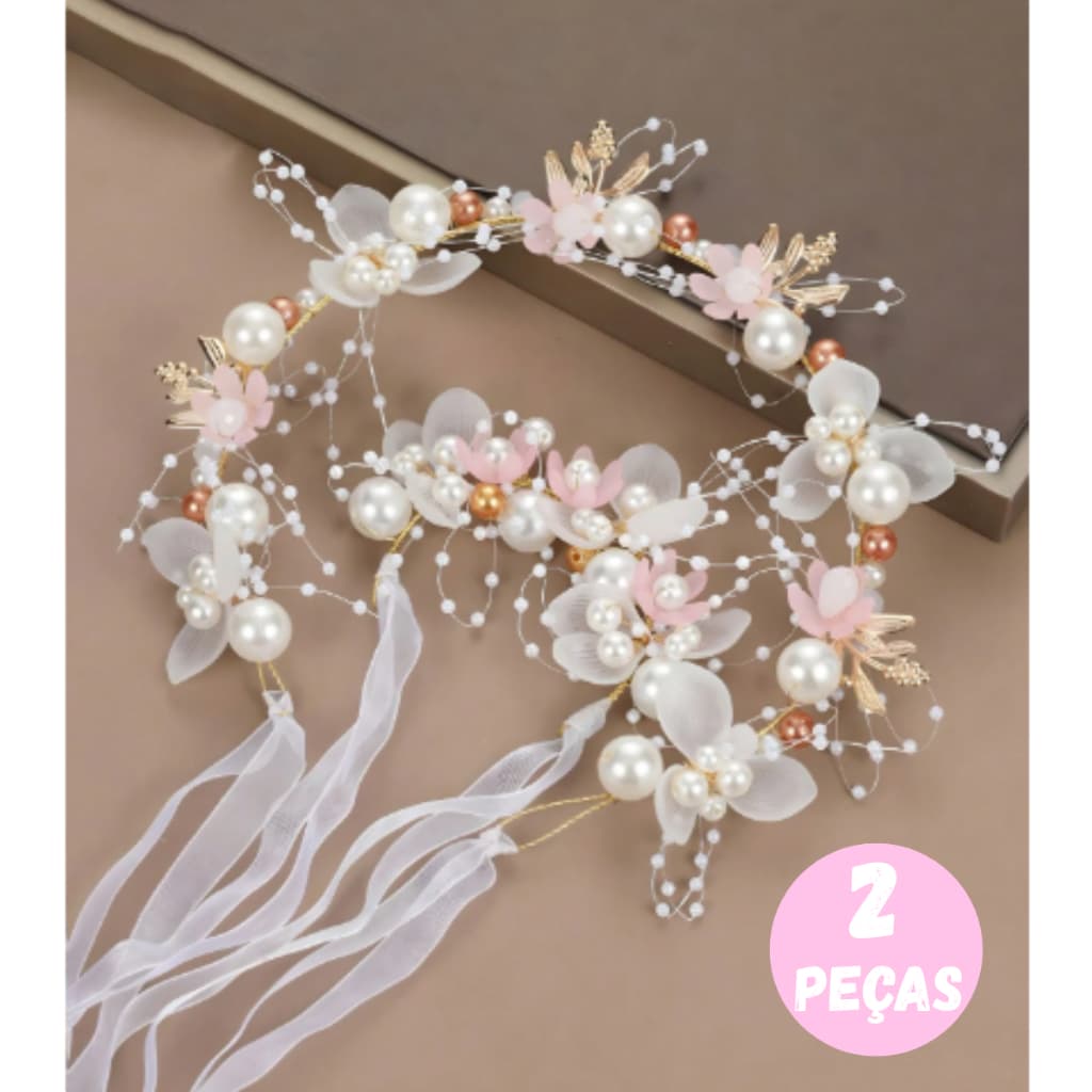Kit Tiara + Pulseira com Pérolas Estilo Princesa | Acessório Feminino para Festa, Casamento, Batizado e Daminha
