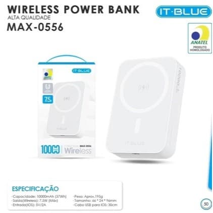 CARREGADOR POWER BANK INDUÇÃO IOS 10000mah Wireless It-blue Max-0556 BRANCO