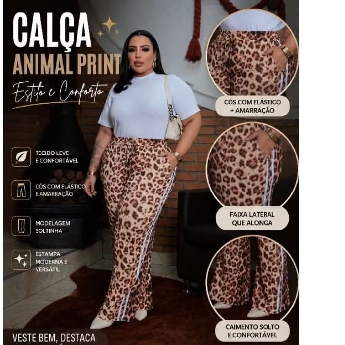 Calça Pantalona Plus Size Animal Print Feminina Cintura Alta Tendência Com Bolsos