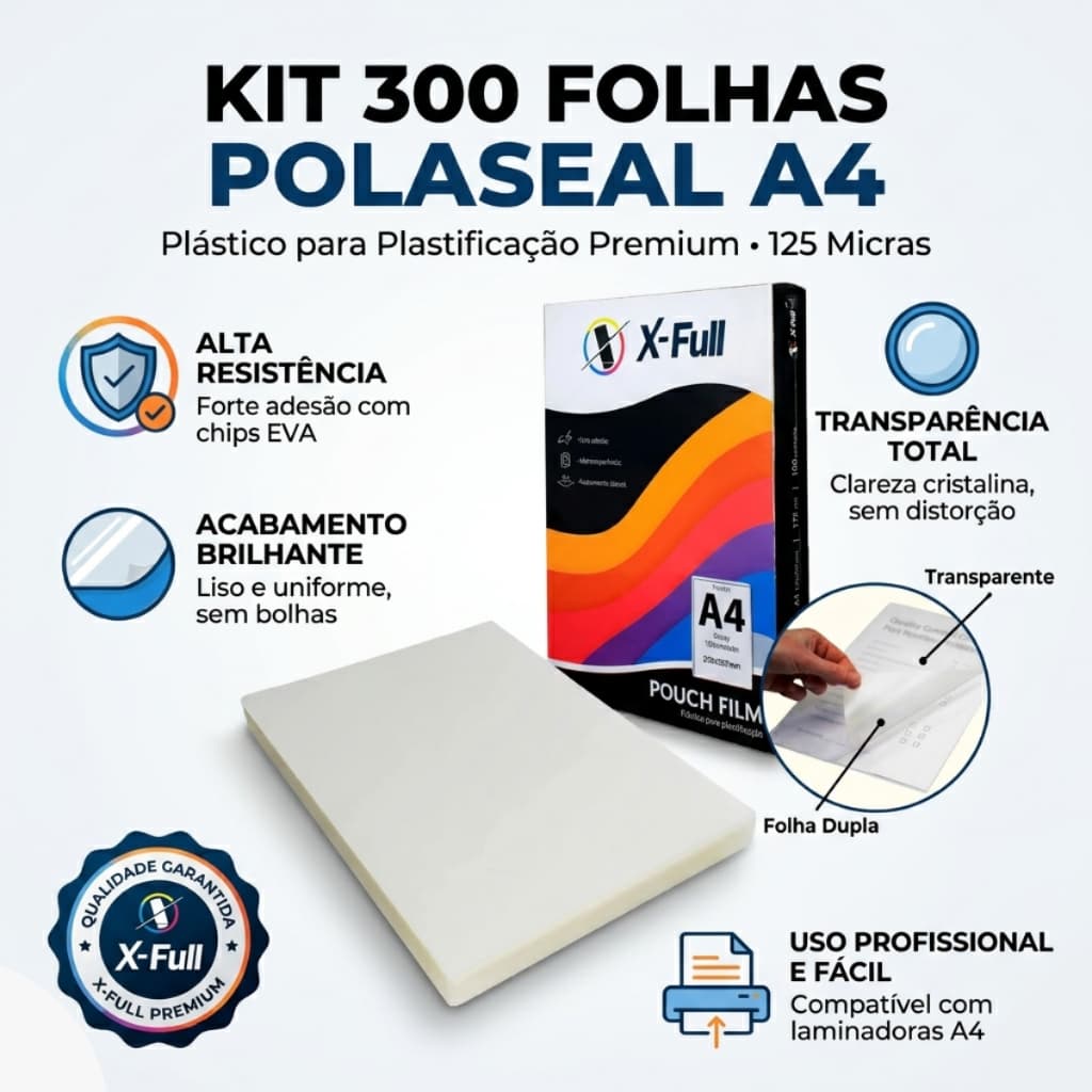 Kit 300 Folhas Para Laminação Polaseal A4 220x307mm 125 Micras Folha Dupla X FULL Cardápio Premium