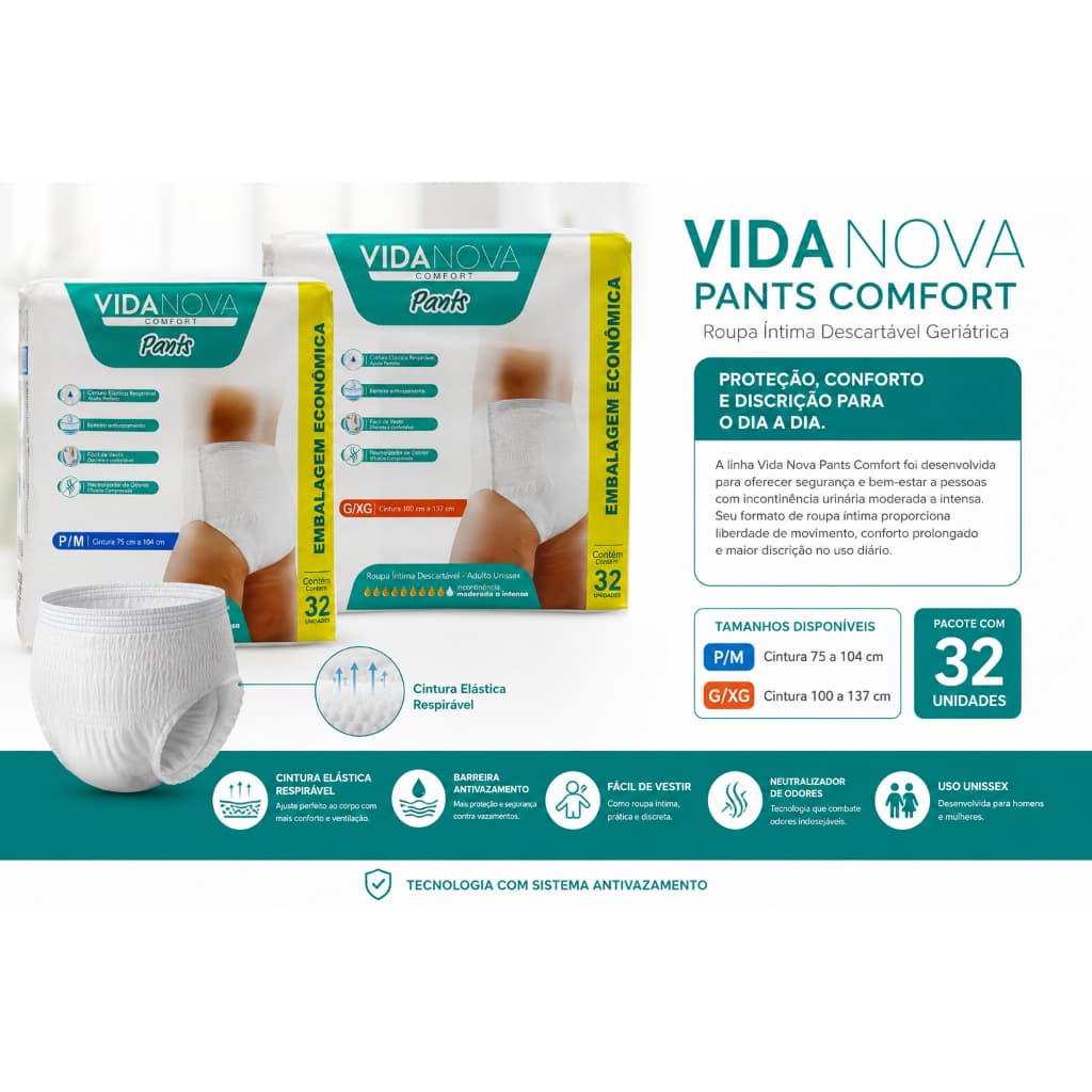 Fralda Calça Geriatrica Pants Vida Nova P/M  G/XG PACOTÃO 32 UNIDADES Incontinecia Moderada /Intensa