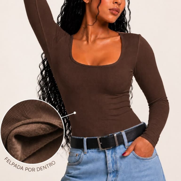 Blusa Feminina Manga Longa Felpada Decote Quadrado Inverno Quentinha Ribana Canelado