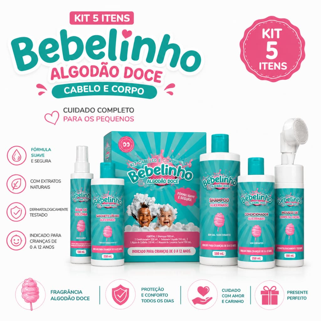 Shampoo e condicionador creme de pentear Perfume Infantil e Sabonete facial Kids kit 5 itens
