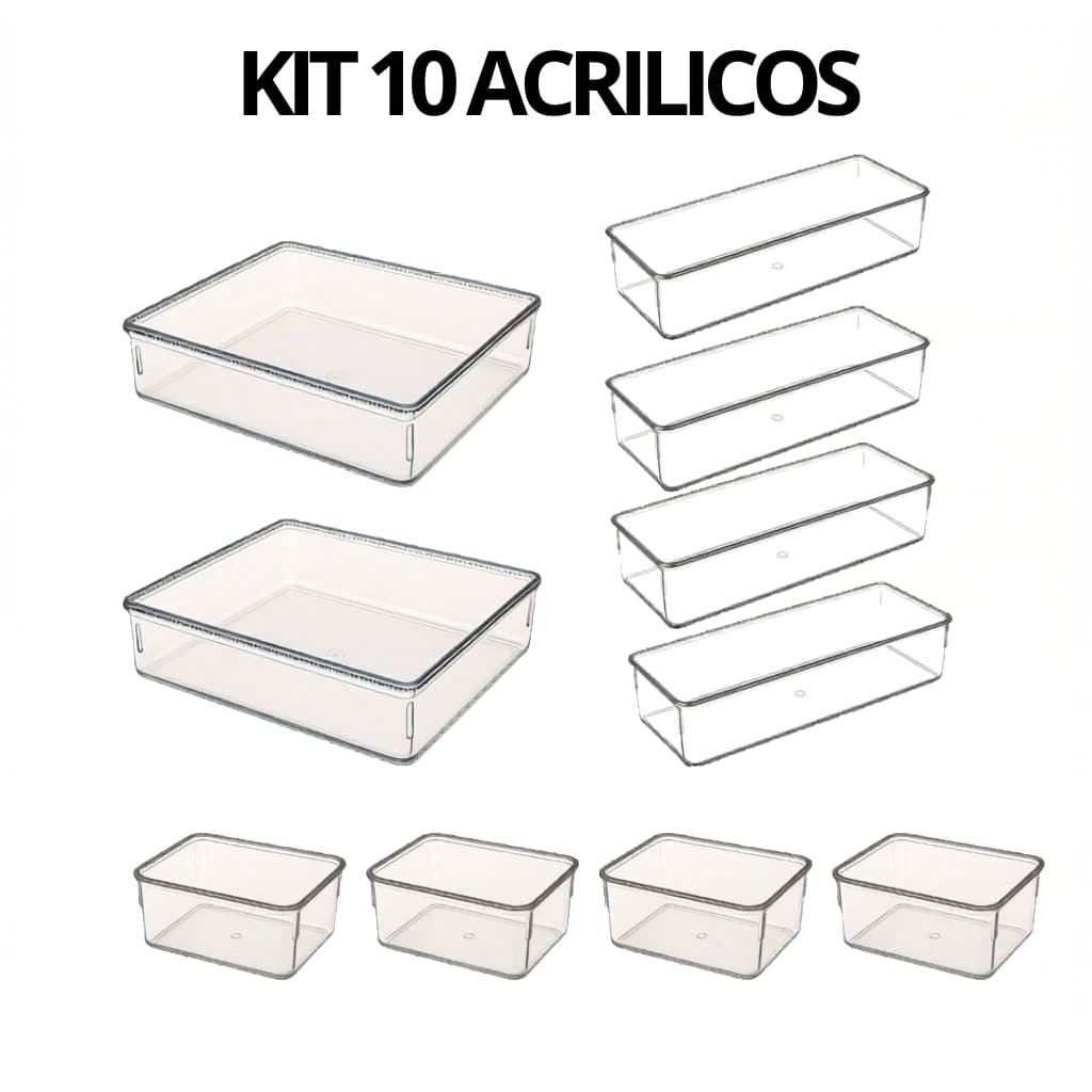 Conjunto 10 Organizadores de Acrílico Modular para Maquiagem Geladeira Gavetas Armário