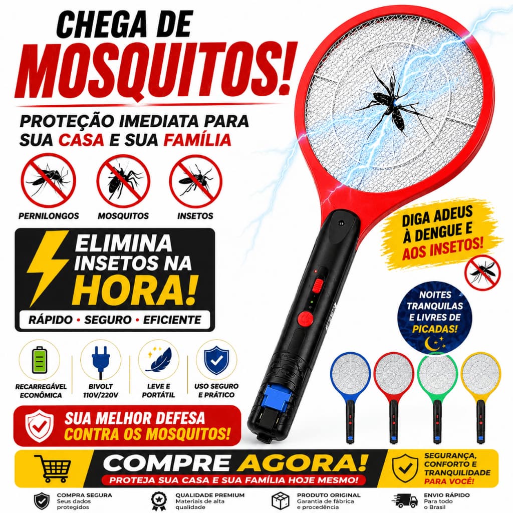 Raquete Elétrica Mata Mosquito Recarregável Bivolt Mata Insetos Pernilongo Dengue Portátil