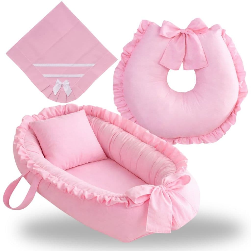 Ninho Redutor de Berço Almofada Para Amamentação Manta Kit 3 Peças Enxoval Bebe Menina Rosa