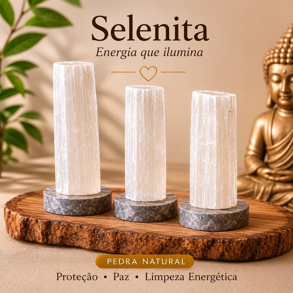 Selenita Pedra Natural na Base Cristal Limpeza Energética Proteção Paz e Decoração Zen