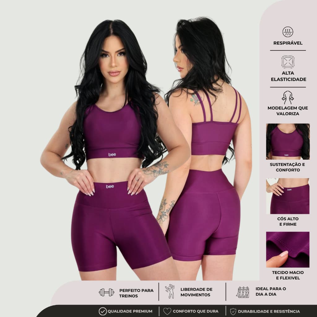Conjunto Fitness Feminino Short Cintura Alta Compressão Zero Transparência Academia Corrida Treino Esportivo