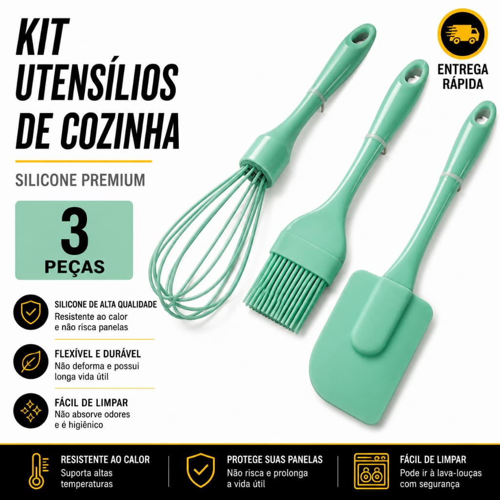 Kit Utensílios de Silicone Espátula, Pincel e Bate Clara