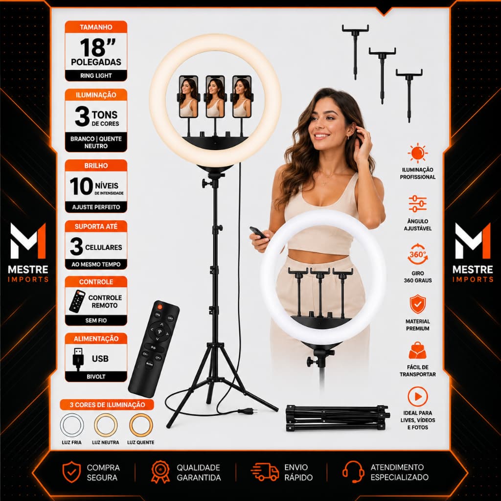 Ring Light 18 polegadas Com Suporte 3 Celulares e Tripe 2,10 altura Completa
