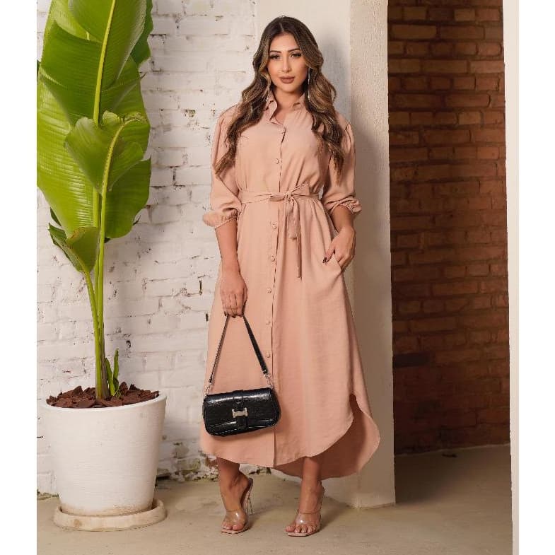 Vestido Chemise Feminino Alfaitaria Marrant  Luxo Manga Longa Com Cinto, Com Bolso e Botões Forrados