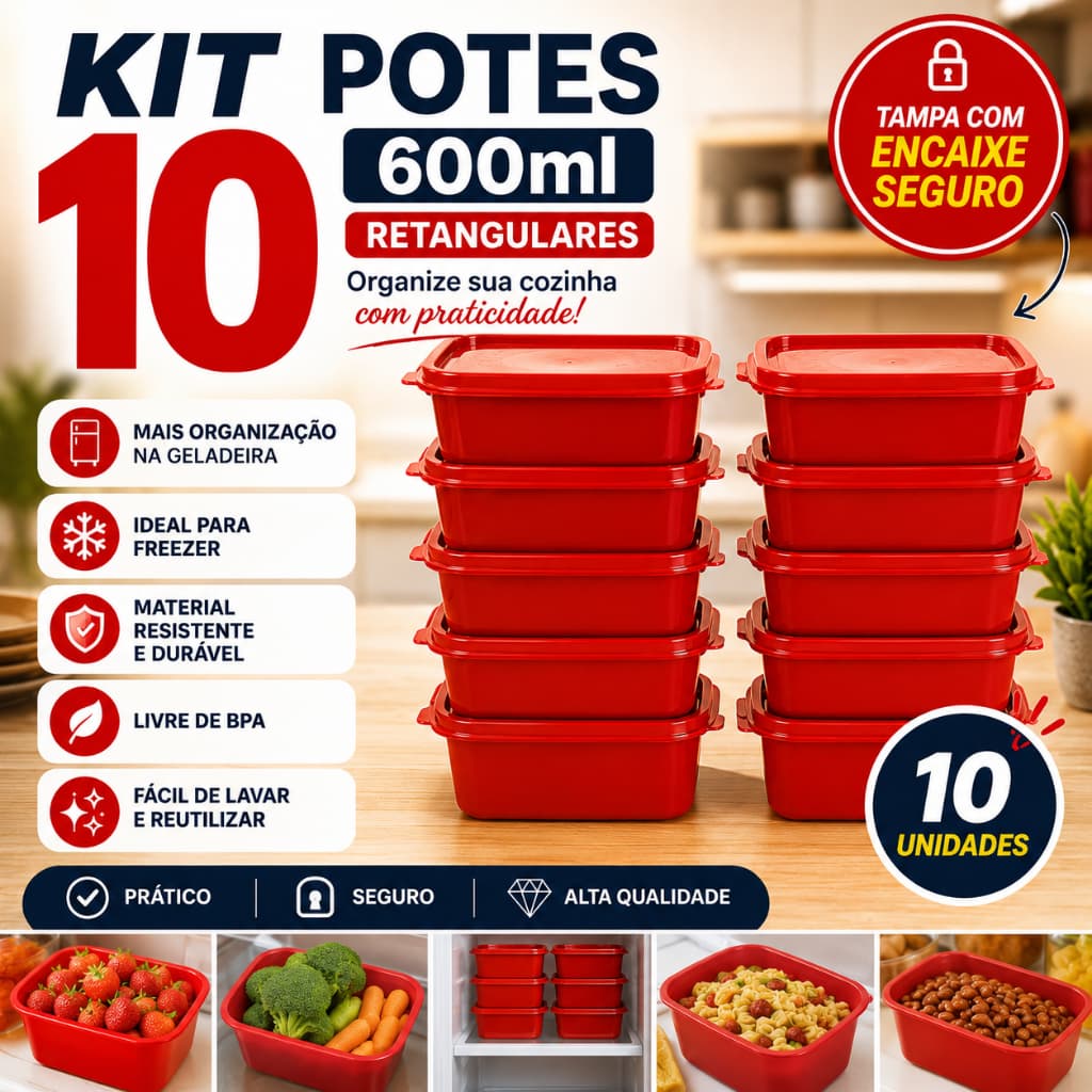 Kit 10 Potes Multiuso 600ml com Tampa | Organização para Freezer e Geladeira