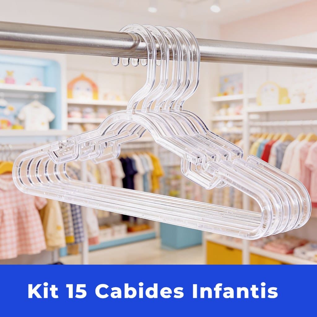 15 Cabides Infantis Reforçado 8mm Acrílico Transparente