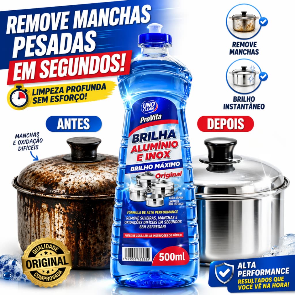 Limpa Alumínio Inox Provita 500ml Limpeza Pesada Brilho Intenso Remove Crostas Manchas Difíceis Casa