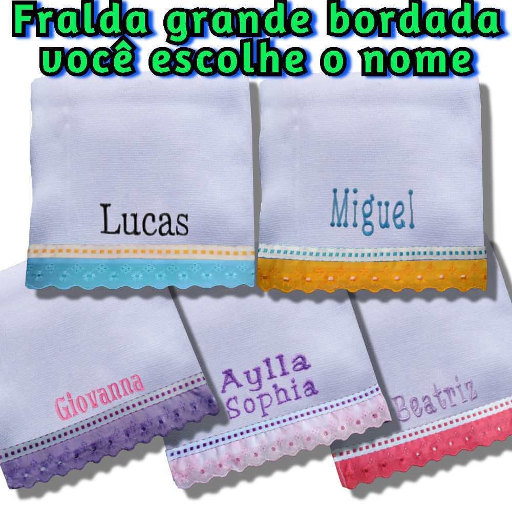 Kit 5 Fraldas de Pano Fralda de Ombro Luxo Bordado Nome 70 x 70 cm