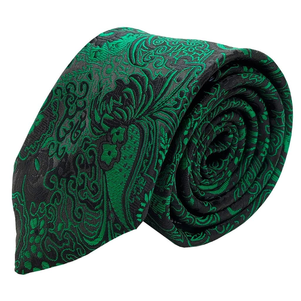 Gravata Semi Slim Tradicional Preto Bordados Verde