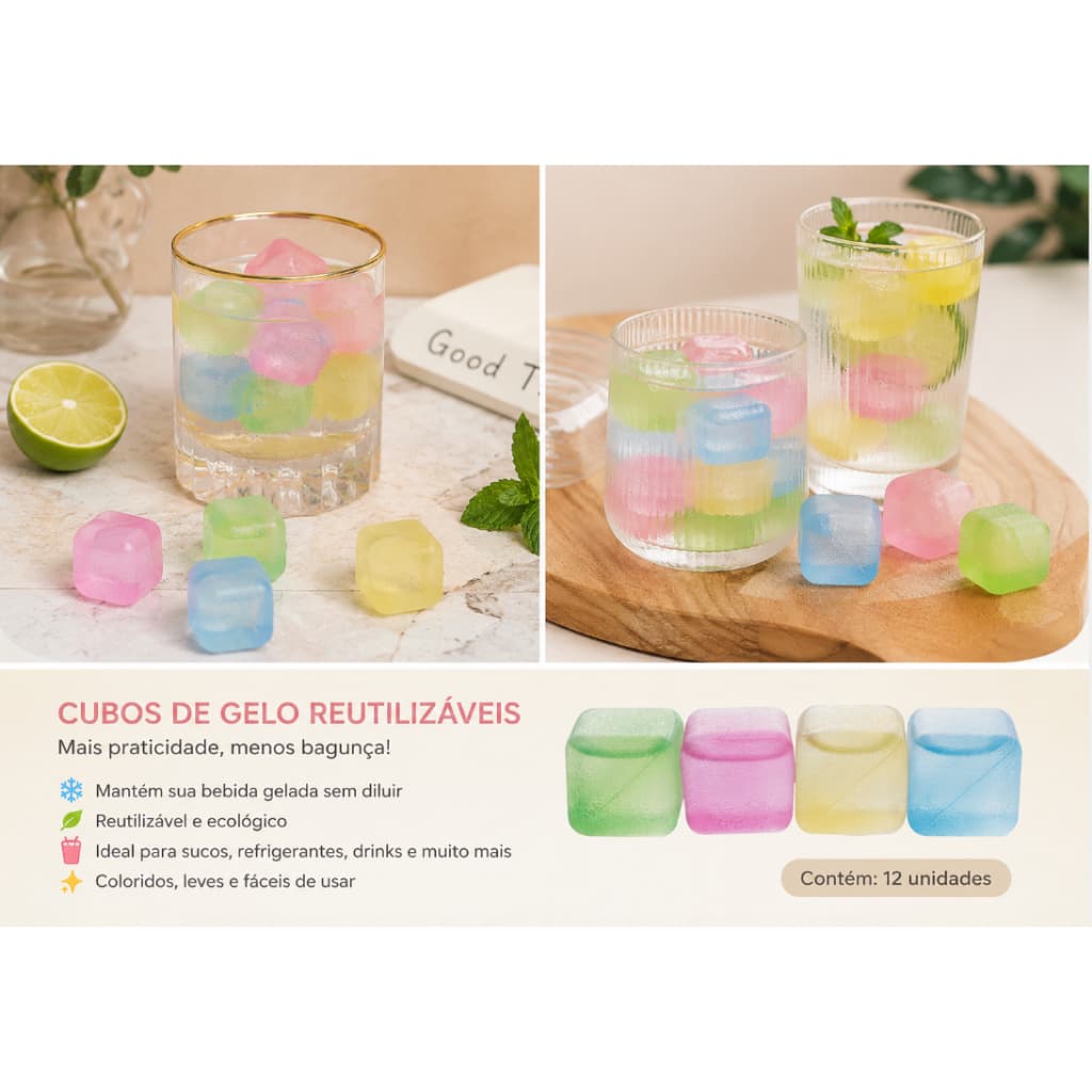 KIT COM 12 CUBOS DE GELO REUTILIZÁVEL EM PLÁSTICO - CLINK