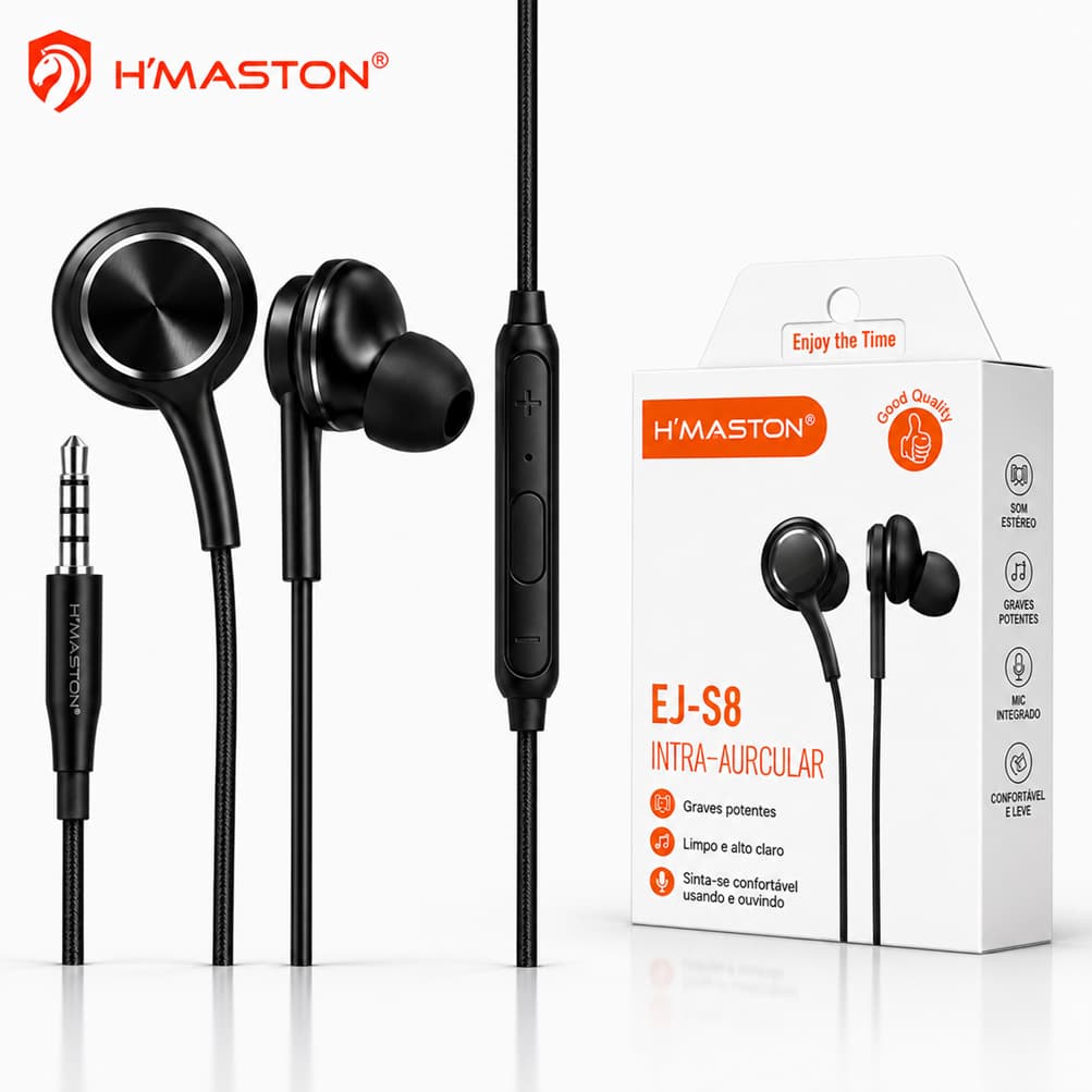 Fone De Ouvido H’Maston EJ-S8 P2 Com Microfone Preto 1,2m Som HD Stereo Original Gamer Extra Bass