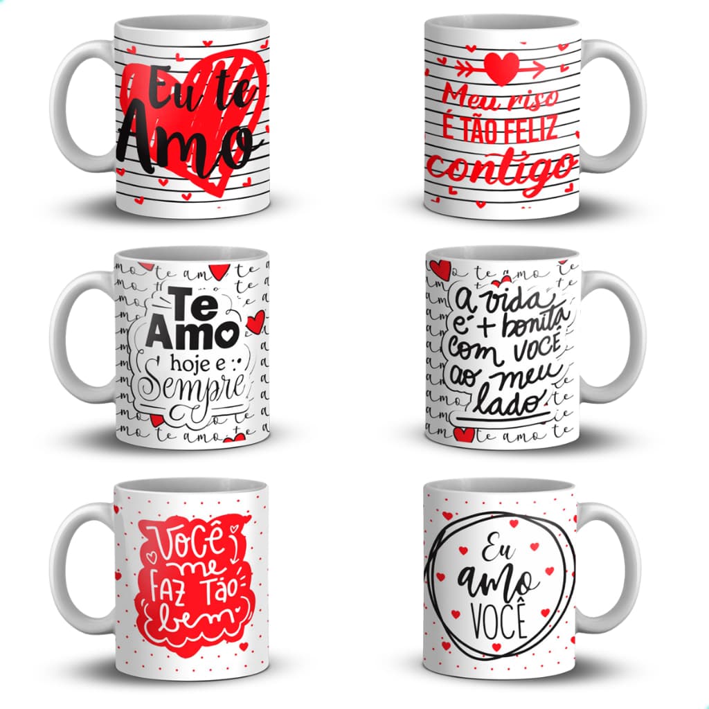 Kit Jogo De 6 Canecas De 310ml De Porcelana Dia Dos Namorados Amor Namoro