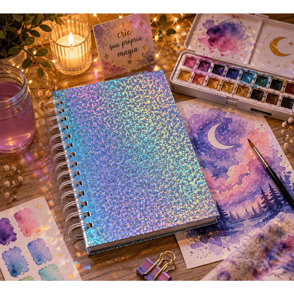 Caderno Sketchbook para Desenho com Folha Grossa A6 15x11cm Capa Dura Holográfica