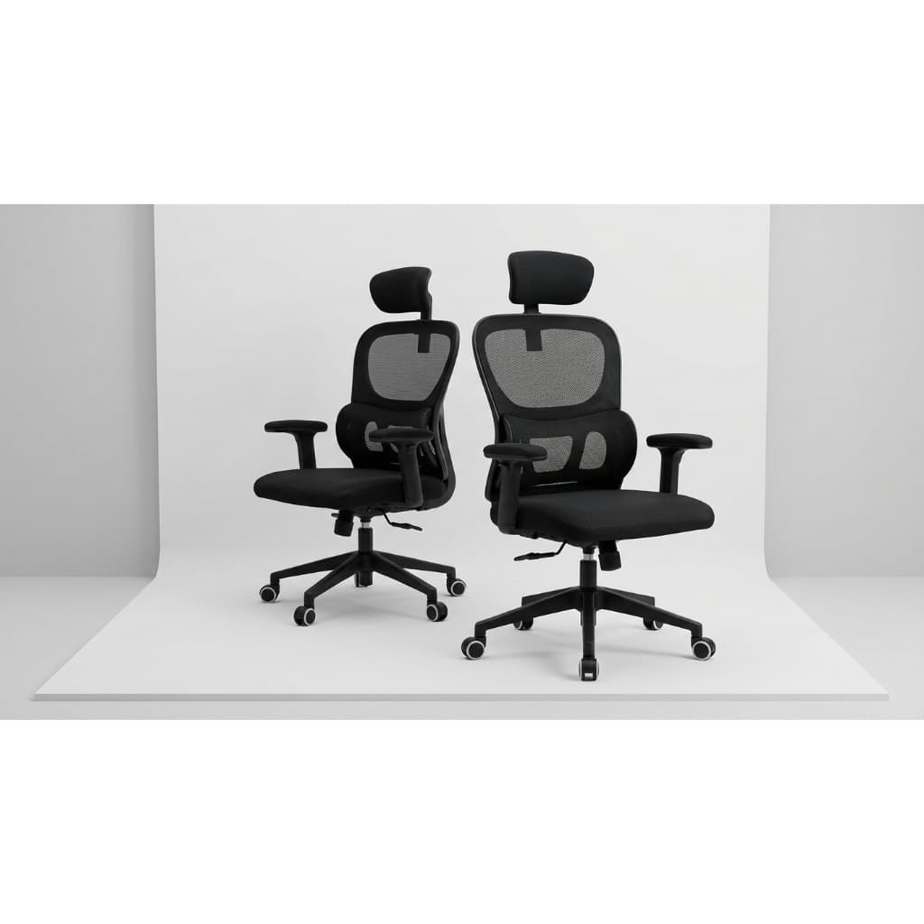 Kit 2 Cadeiras De Escritório Presidente Ergonômica Tela Mesh Preta Com Encosto Cabeça Apoio Lombar Giratória Regulável