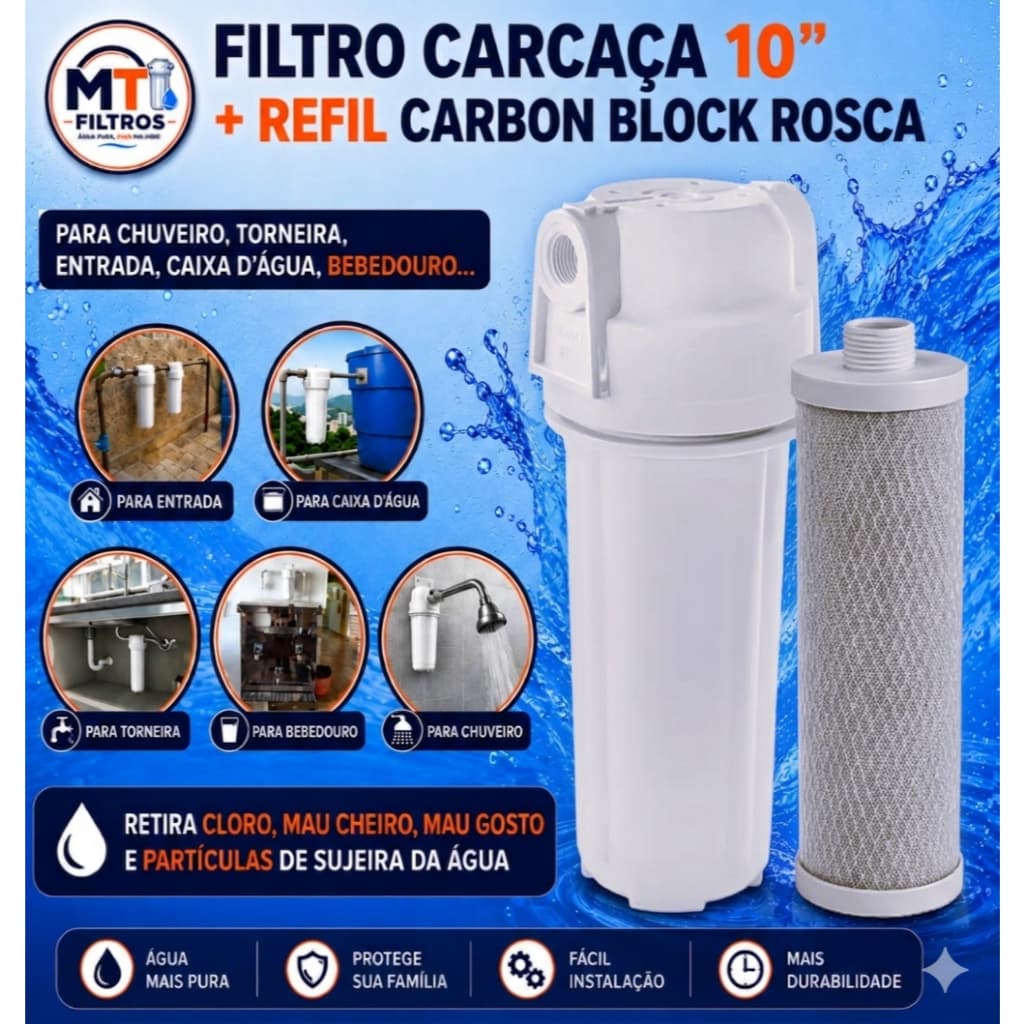 Filtro de Água Carvão Ativado Redução de Cloro caixa dágua, cavalete, torneira, bebedouro, chuveiro.