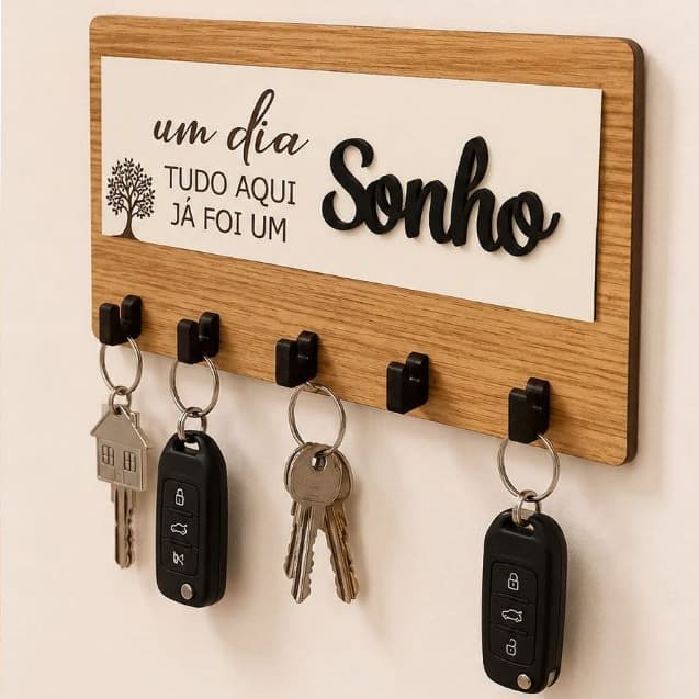 Porta Chaves Decorativo Para Parede em MDF 05 Ganchos