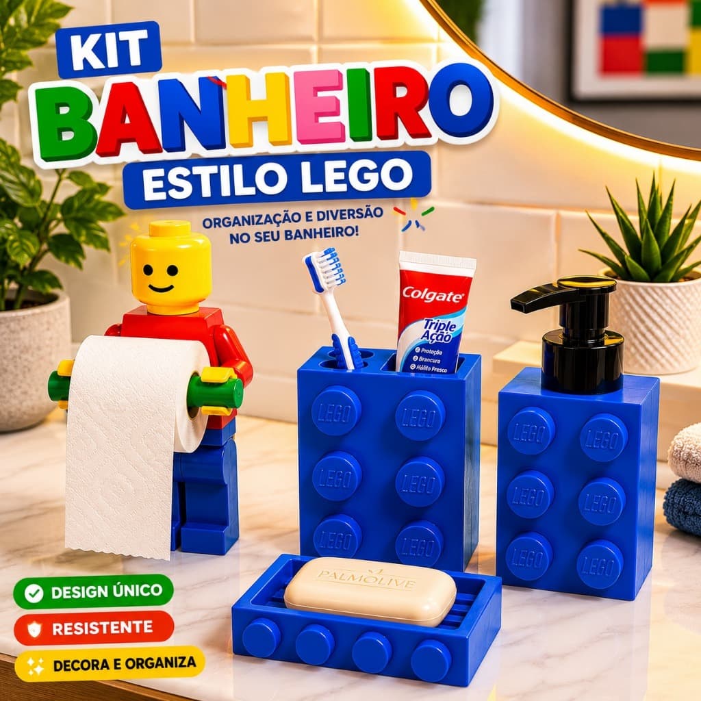 Kit Banheiro Estilo Lego Porta Escova Dispenser Saboneteira Suporte Papel Higiênico Decoração Geek Lavabo Banheiro Escov