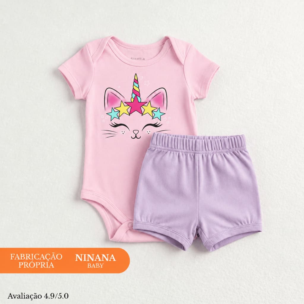 Kit Conjunto 2 Peças Bebê  1 Body Manga Curta Ninana Baby + 1 Shorts Tapa Fralda Enxoval