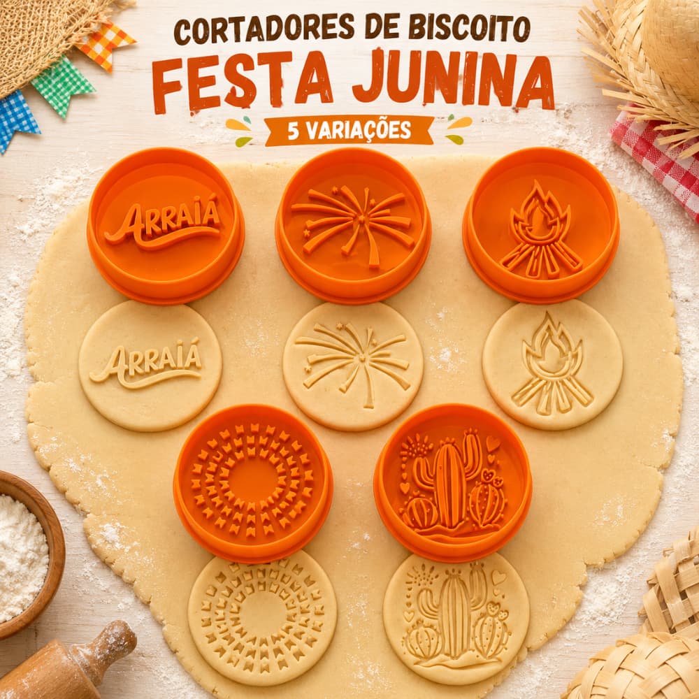 Kit 5 Cortadores de Biscoito Carimbo Festa Junina