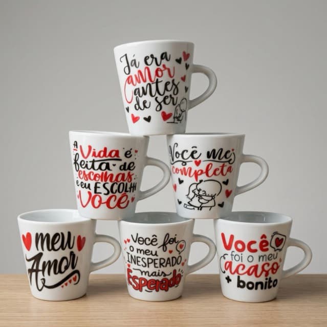 Conjunto De Xicaras 120ml Frases De Amor Presente Dia Dos Namorados Love Chá Café Porcelana Decorada Elegante