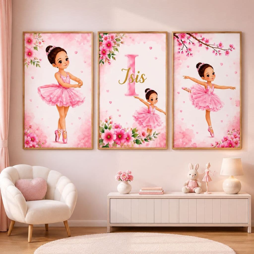 Quadro Decorativo 3 Peças Bailarina Flores Personalizado c/ Nome